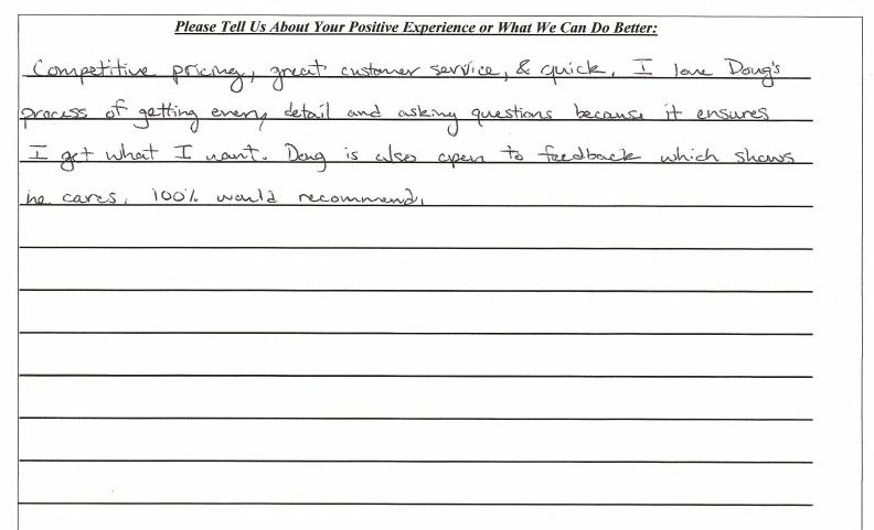 Handwritten customer satisfaction note 1
